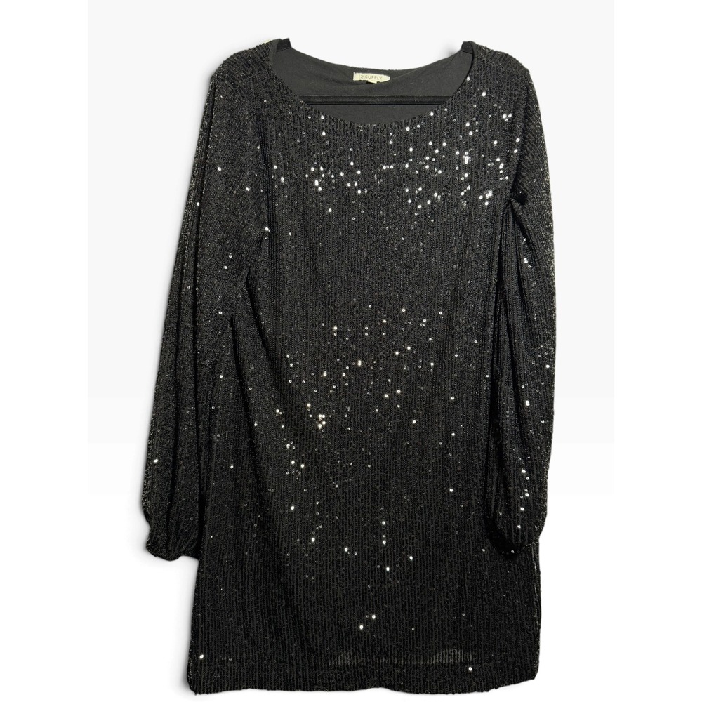 Z SUPPLY Black Sequin Long Sleeve Shift Mini Dress ZD234255 Large - Picture 2 of 4